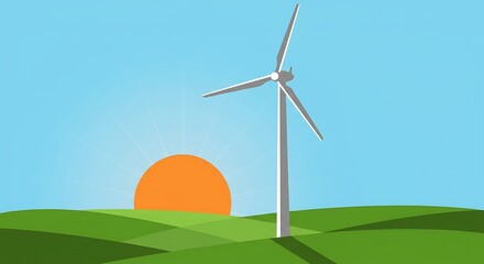 Obraz premium Wind turbine on green hills with sunset in clear blue sky 