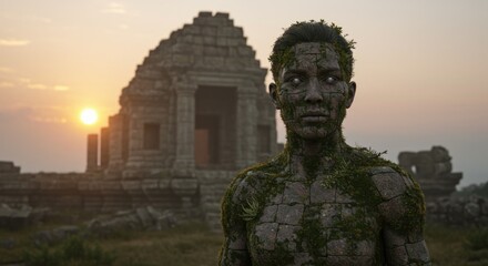 Person at ancient stone structure sunset