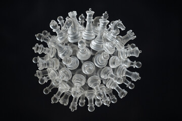 Chess pieces arranged as metaphor for virus structure symbolizing strategy and complexity in creative and thought provoking way