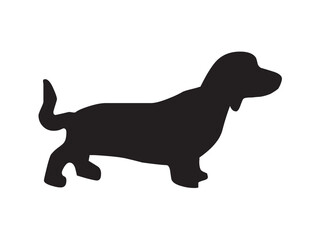 Vector isolated one single dachshund dog side view full body colorless black and white outline silhouette shadow shape stencil solid black