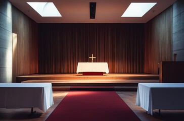 A photograph of the empty modernist church hall, with two tall white tables on each side and a red carpet