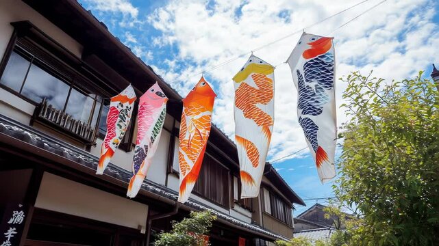 Colorful koi flags fluttering in the wind outside a traditional Japanese house, showcasing cultural heritage and festive spirit, against a backdrop of blue sky and fluffy clouds.
