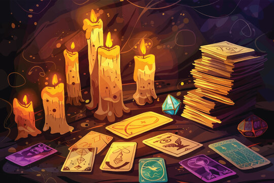 Tarot, candle, ring and magic cristall on the fortune-teller's table, prediction of the future, dark magic.