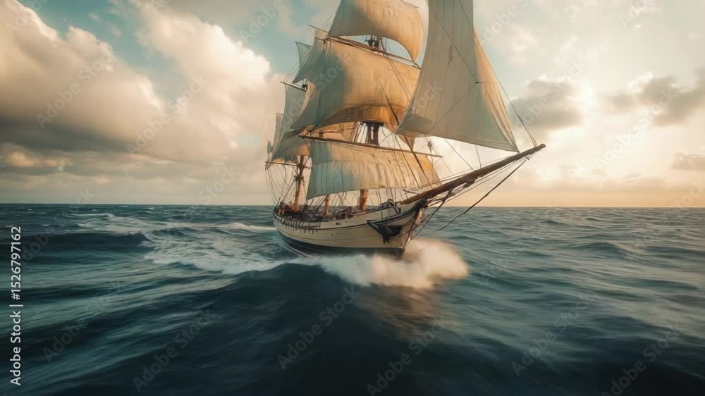 Poster a sailboat gliding across the ocean's surface as the sun sets, creating a warm glow