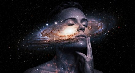 Serene woman cosmic overlay portrait