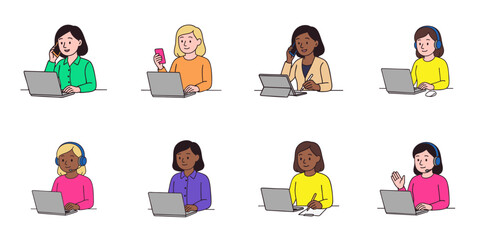 Hand-drawn set of multicultural female professionals in remote work settings. Women using laptops, phones, and headsets during online meetings and support tasks. Clean line art vector illustration