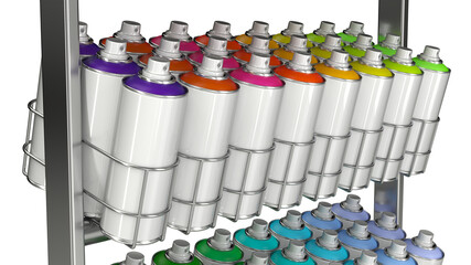 Close-up of retail metal wire rack with colored spray paint cans. 3d illustration transparent background