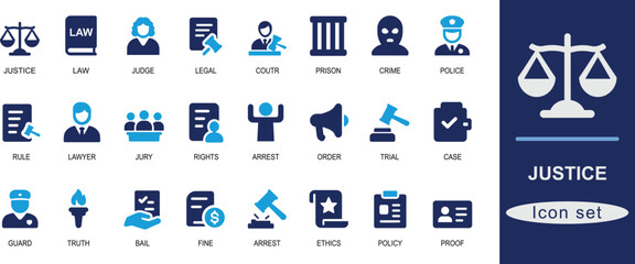 Flat solid  justice icon set with law, court, judge, rights, police, gavel, scale, trial, and arrest. Ideal for legal, UI, and civic design projects.