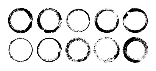 Grunge circle frames. Hand drawn grunge circles with rough brush texture and ink splash effect. Minimalist strokes for logos, labels, banners and prints. Zen art inspired. Vector round borders set