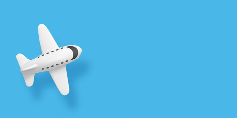 3D Airplane top view. White cartoon plane flying over blue background for travel and aviation concept, tourism ads, airline banners, flight booking platforms. 3D soft render vector illustration