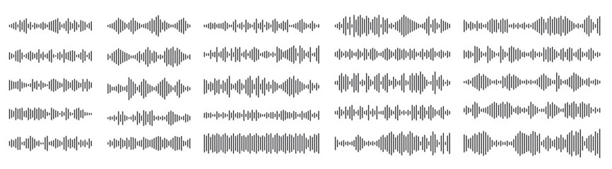 Podcast sound waves. Audio waveforms line icons, sound wave frequency or voice microphone signals. Music, podcast and broadcast, UI and audio branding design. Isolated vector set