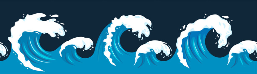 Sea wave seamless border. Cartoon ocean storm waves with curling foam for surf, beach and water sport concept. Isolated vector horizontal wavy endless frame border