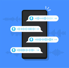 Phone with voice message. Smartphone screen with multiple chat bubbles of voice note messages and audio waveform icons for messaging apps, voicemail UI design. Vector concept