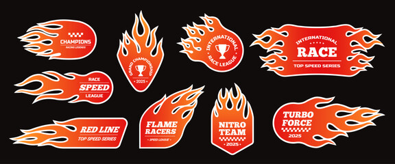 Flame emblem. Racing car flaming decal or logos with dynamic fire and typography, speed and power badges. Motorsport, hotrod and car racing labels, flammable patches. vector stickers isolated set