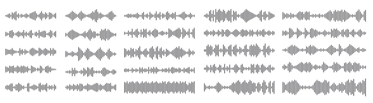 Podcast sound waves. Audio waveforms line icons, sound wave frequency or voice microphone signals. Music, podcast and broadcast, UI and audio branding design. Isolated vector set