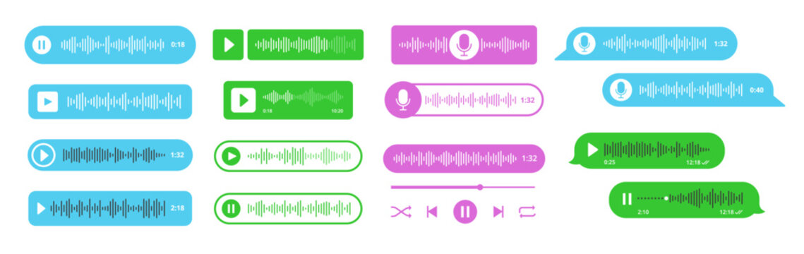 Voice message. Record voice note messages players with waveforms, playback controls and durations audio icons. Cell phone UI design, smartphone chat app, podcast interfaces elements. Vector set