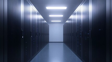 Server room corridor, data center with equipment for information storage, database processing with powerful computers, render