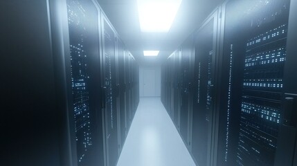 Data center aisle with working equipment, blinking lights, information arrays in row, storage servers, database systems, bright room, white door, copy space