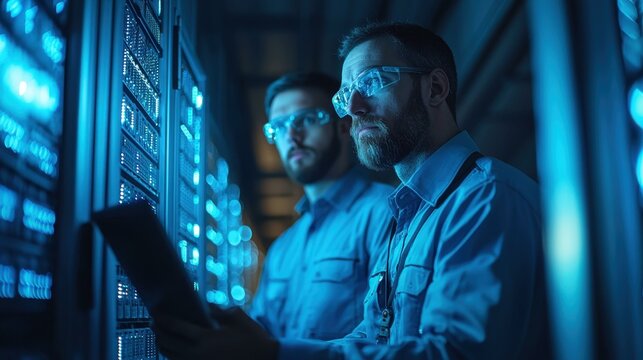 Two IT engineers monitoring server status with glasses in data center server room, database storage. - Powered by Adobe