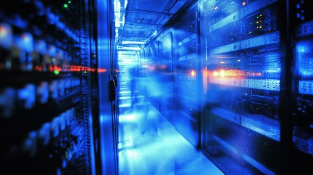 Futuristic blue toned server room, networking communication hub with person walking, data storage center, computer hardware with lights flashing and glowing.