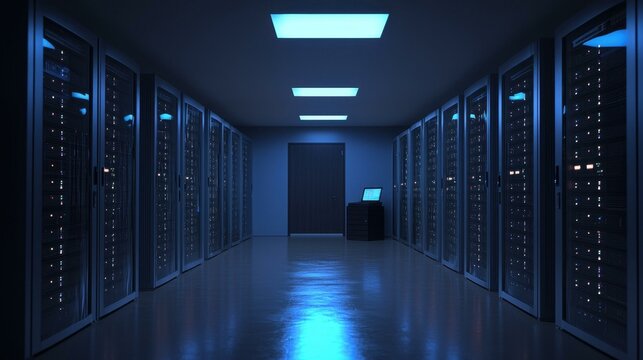 Long data center IT server room, datacenter hardware cluster, server racks with blinking LED lights, data storage in blue tones, Copy space