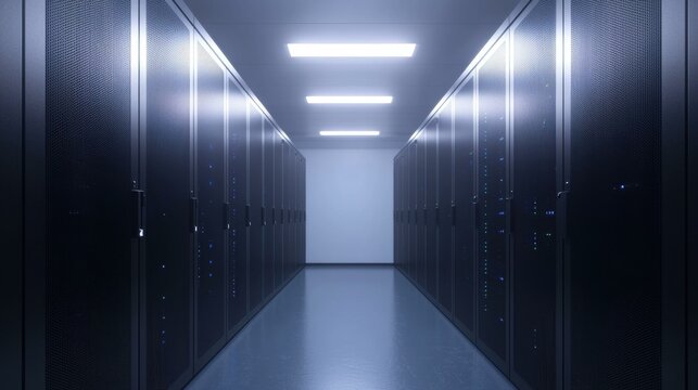 Server room corridor, data center with equipment for information storage, database processing with powerful computers, render