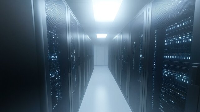 Data center aisle with working equipment, blinking lights, information arrays in row, storage servers, database systems, bright room, white door, copy space