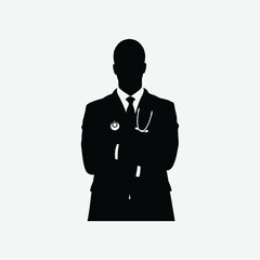 Flat black silhouette of male doctor in formal attire with stethoscope and crossed arms on white background – ideal for healthcare, medical, and hospital designs.