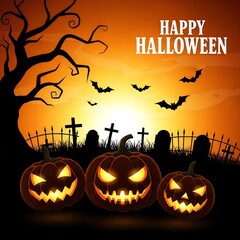 Spooky halloween scene with carved pumpkins bats graveyard and orange sunset background.