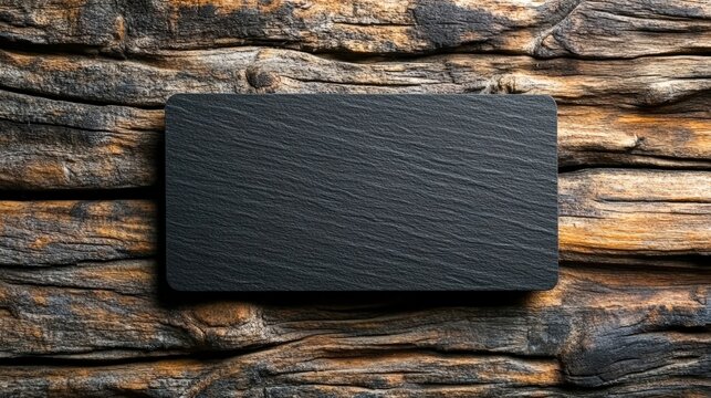 A textured black slate board is placed on a rustic wooden background, creating a visually appealing contrast, Ideal for food photography, branding displays, or customizable menu designs,