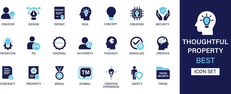 Thoughtful property icon set collection. Creator, design, patent, idea, security, invention, original, authority, thought, safety and best solid icon set.