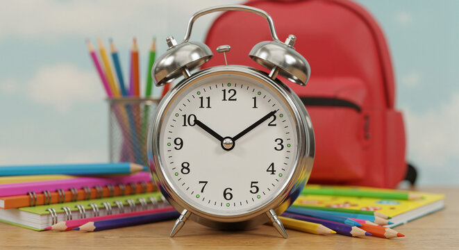 Classic alarm clock with colorful pencils and red backpack on desk  