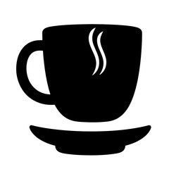 A simple black silhouette illustration of a steaming cup and saucer.