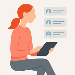 Flat Illustration Woman Chatting Online with Tablet Device Application
