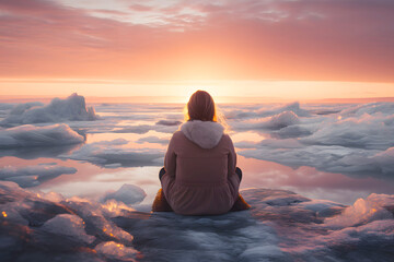 Woman overlooking icy landscape during sunrise with vibrant colors reflecting on the water