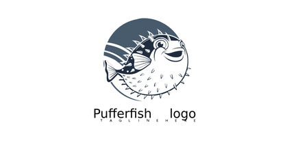 Fototapeta premium Abstract pufferfish icon vector in cartoon marine style for seafood product branding, eco-friendly fish label designs, tropical pet store marketing, and aquarium identity packs.