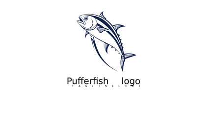 Marine-themed pufferfish vector logo illustration in fun outline style for tropical fish packaging, eco branding materials, seafood restaurant visuals, and educational aquatic designs.

