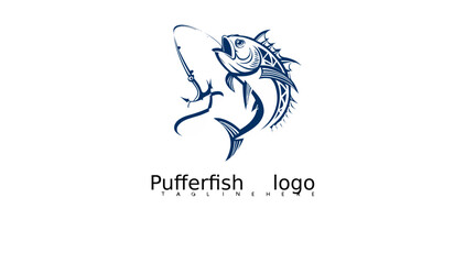 Obraz premium Cute flat cartoon pufferfish logo vector with bold outline for eco-friendly branding, aquarium label templates, seafood restaurant visuals, and marine-themed digital design illustrations.