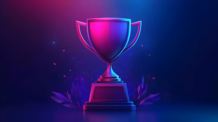 Pink And Blue Neon Glowing Trophy Award On Dark Background