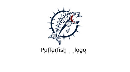 Fototapeta premium Tropical marine pufferfish logo vector in flat cartoon line art for educational materials, seafood packaging, aquarium branding visuals, and spiky fish icon branding templates.