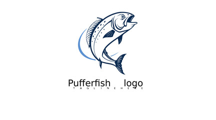Obraz premium Bold spiky pufferfish vector logo in cartoon marine style for creative seafood product visuals, tropical fish branding, ocean conservation icons, and eco aquatic identity illustrations.