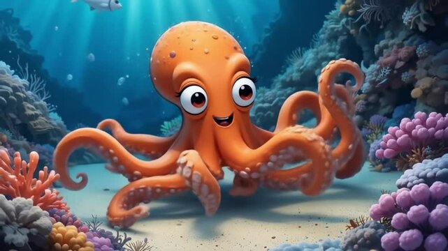 Happy orange cartoon octopus waving underwater, animated character in marine environment filled with coral and sea life