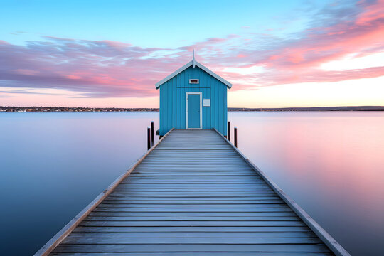 Beautiful blue boathouse at sunset with a wooden pier extending over calm waters