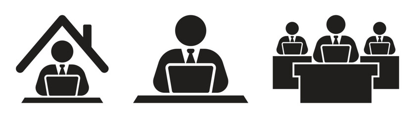 Office worker vector icon collection using laptop. Man working on computer flat graphic design. Vector Illustration