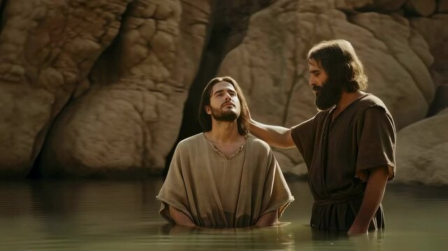 John the Baptist baptizes Jesus in the River Jordan, the scene of Jesus's baptism in the Bible, religious footage.
