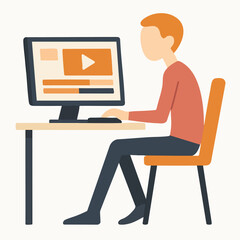Flat Style Illustration of Man Working on Computer at Desk Illustration
