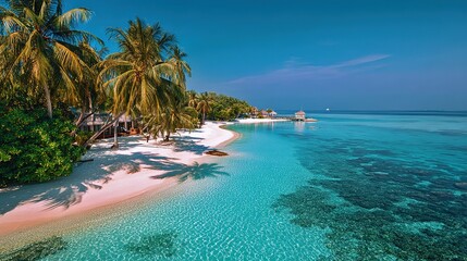 Fototapeta premium Idyllic tropical beach scene with pristine white sand turquoise water and lush palm trees perfect for vacation travel posters and websites