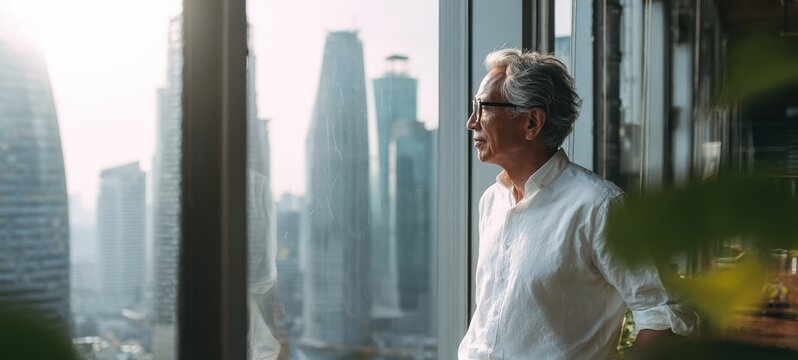 The thoughtful man gazing out at the city skyline from a modern office.