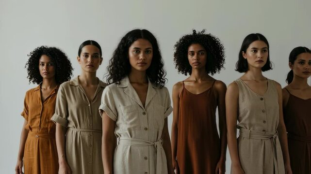 Diverse group of women standing in stylish outfits against minimalist backdrop