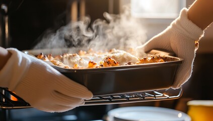 Hot tray ready for baking inside clean kitchen oven — hands with mitts placing dish on heated rack with soft steam and light